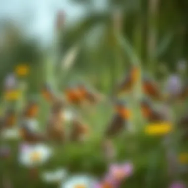 Wild Birds Foraging in a Meadow A diverse group of wild birds foraging in a meadow full of wildflowers.