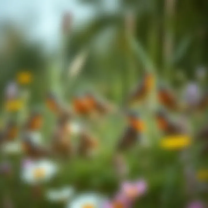 Wild Birds Foraging in a Meadow A diverse group of wild birds foraging in a meadow full of wildflowers.