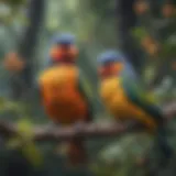 Colorful pet birds perched on a branch