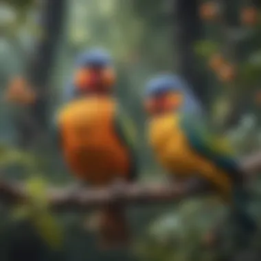 Colorful pet birds perched on a branch