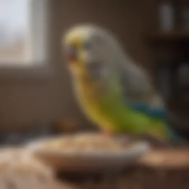 A curious budgie examining a bowl filled with pellets, highlighting its natural behavior and adaptability to new diets.