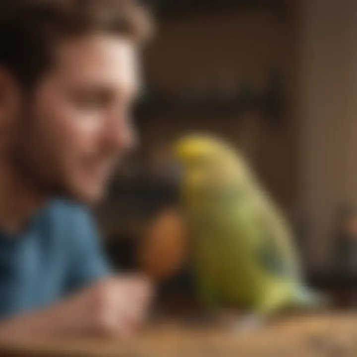 A cheerful budgie interacting playfully with its owner, highlighting the bond strengthened by treats.