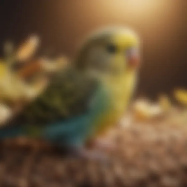 Close-up of a budgie enjoying a mix of seeds.