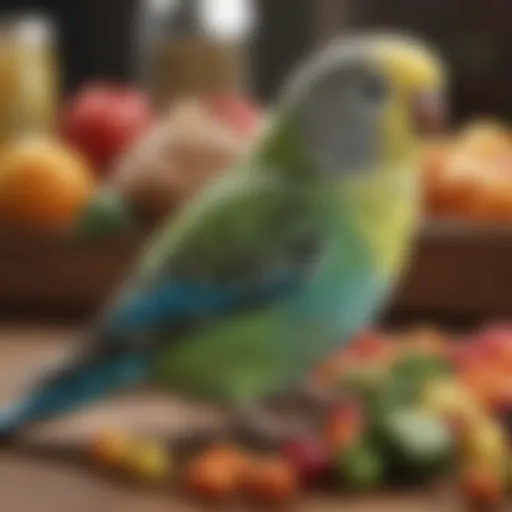 A vibrant assortment of healthy budgie treats including seeds, fruits, and vegetables.