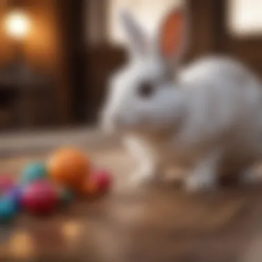 A playful bunny engaging with environmental enrichment toys.