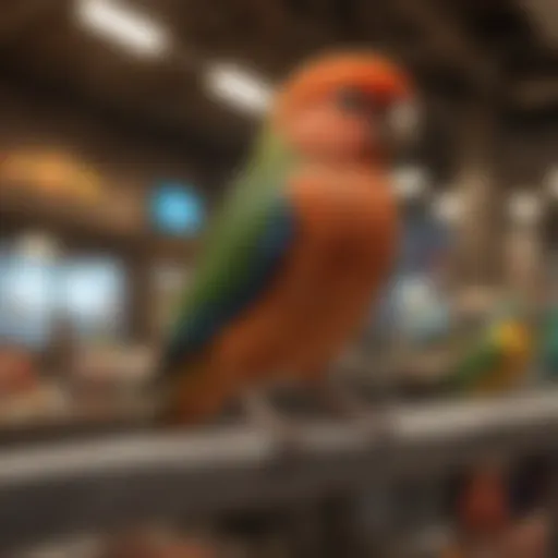 A vibrant array of pet birds in a pet store