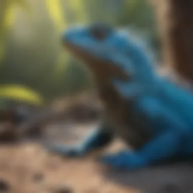 A vibrant blue iguana basking under natural sunlight