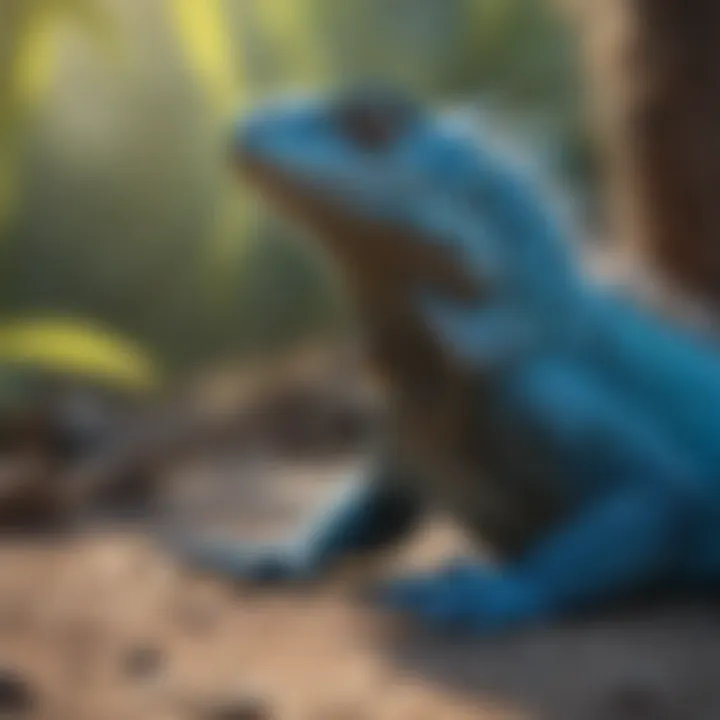 A vibrant blue iguana basking under natural sunlight