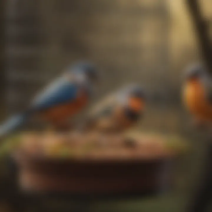 Close-up view of birds feeding at a cage feeder