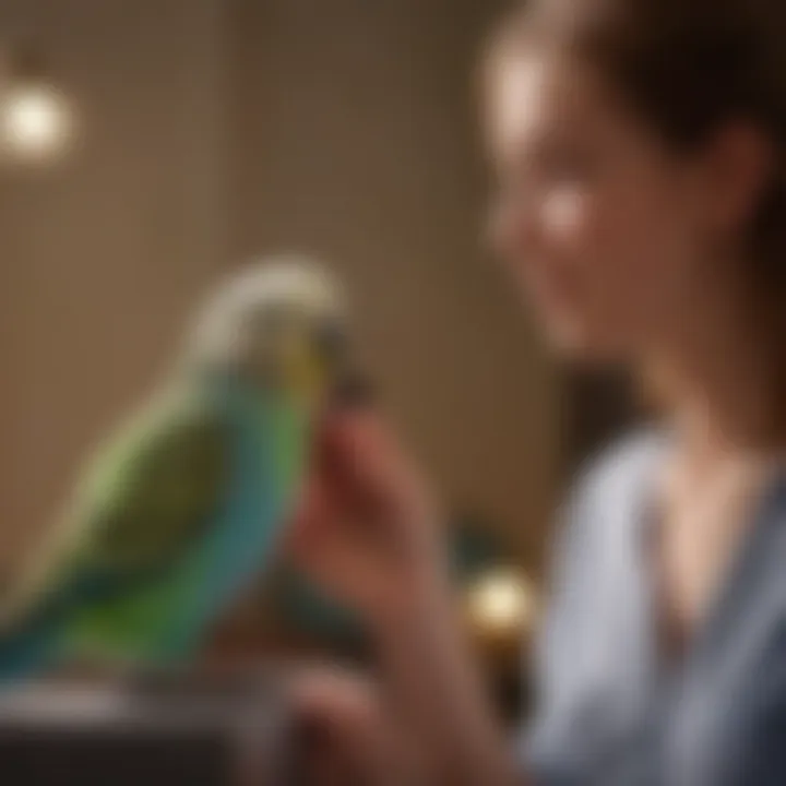 A friendly budgie interacting with a joyful owner in a spacious room.