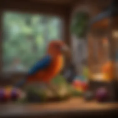 A cozy nook with colorful toys and perches for cage-free birds.