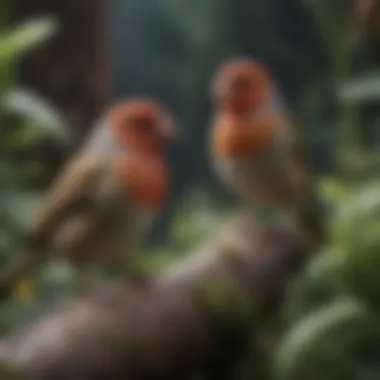 A serene garden space where finches explore freely among plants.