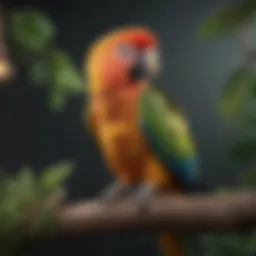 A vibrant parrot perched on a branch in a lush living room environment.