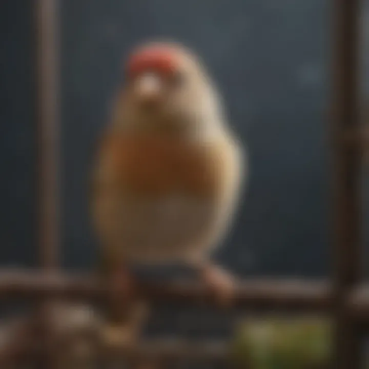 Enrichment elements like perches and toys in a finch cage.