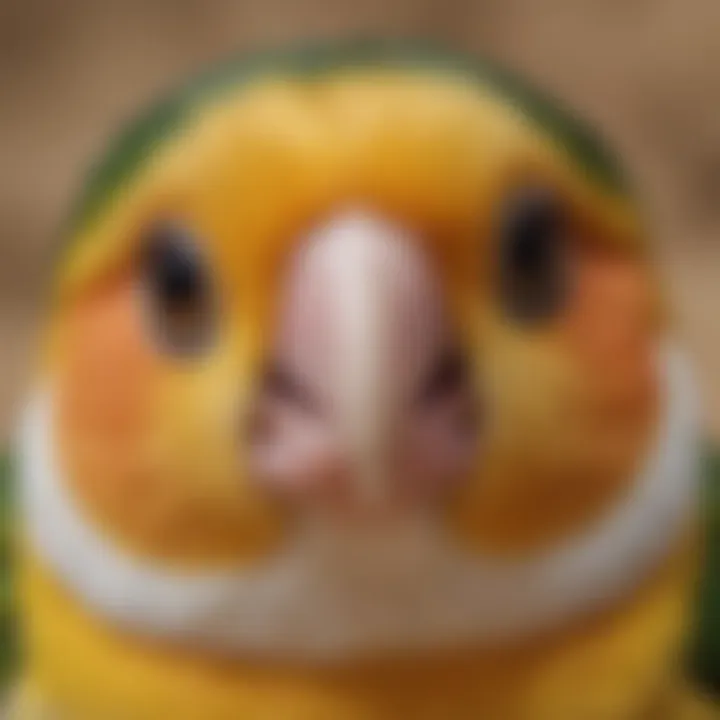 A close-up of a caique's face, highlighting its expressive eyes and personality.