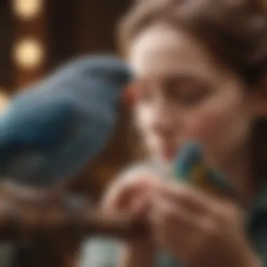 A caregiver interacting with a pet bird