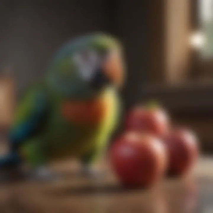 A colorful parrot curiously approaching an apple.