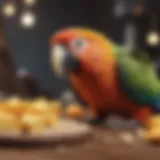 A colorful parrot curiously examining a piece of cheese