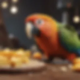 A colorful parrot curiously examining a piece of cheese