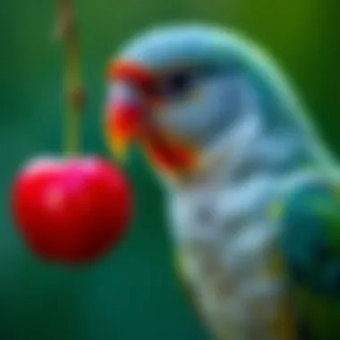 A pet bird curiously examining a cherry, symbolizing avian interest in fruits.