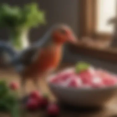 Balanced Bird Diet with Radishes A balanced bowl of bird food featuring radish pieces alongside other vegetables