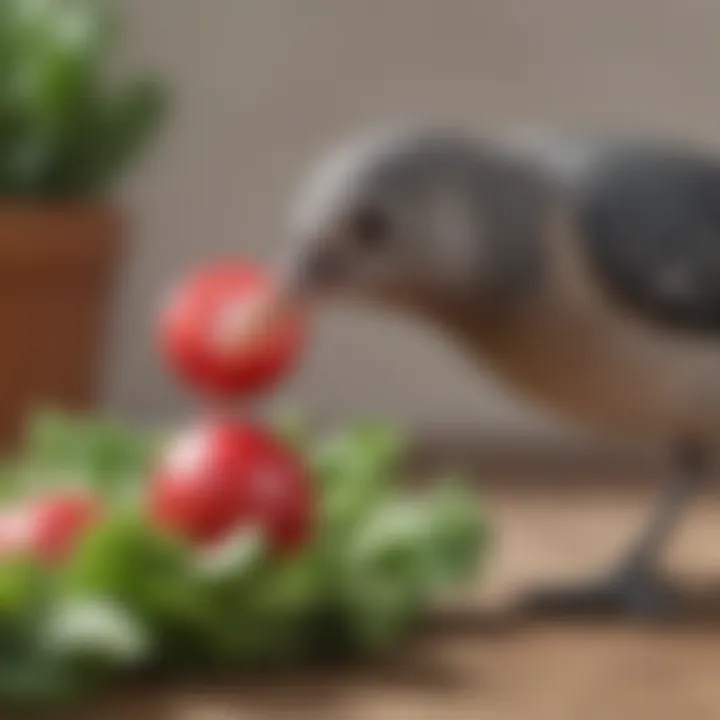 Close-up of a pet bird curiously inspecting a radish slice