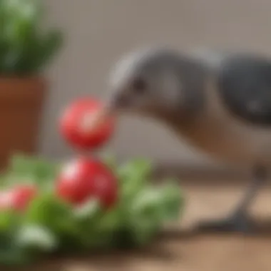 Bird Curiously Examining Radish Close-up of a pet bird curiously inspecting a radish slice