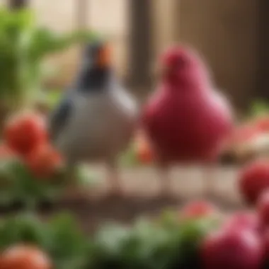 Fresh Radishes and Pet Birds A vibrant display of fresh radishes next to colorful pet birds