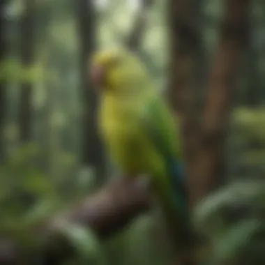 A vibrant parakeet perched in a lush forest, showcasing its natural instincts.