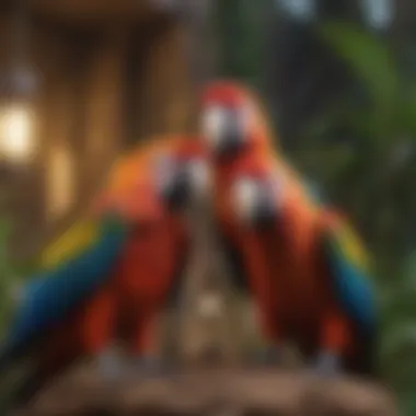 Two macaws engaging in playful social interaction