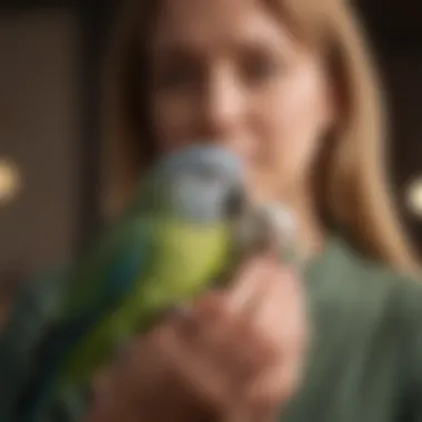 A parakeet being gently handled by its owner, showcasing a bond