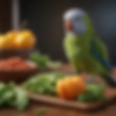 Healthy Diet for Parakeets A nutritious assortment of seeds and fresh vegetables for parakeets