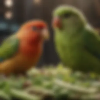 A colorful assortment of pet birds enjoying celery