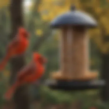 Various bird feeder designs appealing to cardinals in a backyard setting