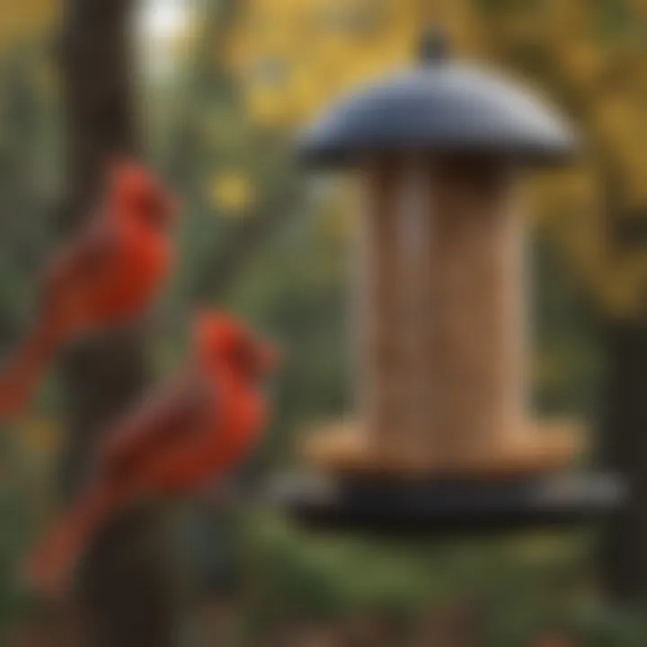 Various bird feeder designs appealing to cardinals in a backyard setting