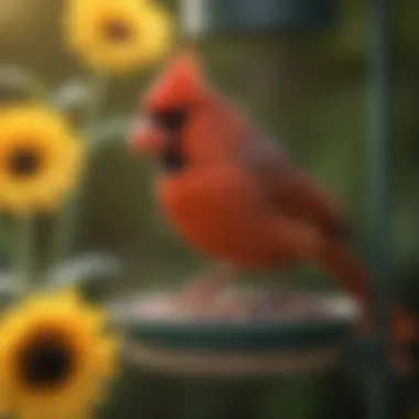 A vibrant cardinal perched on a bird feeder filled with sunflower seeds