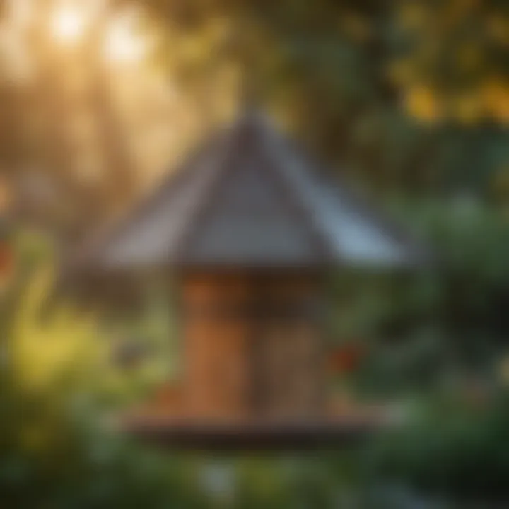 A well-maintained bird feeder in a garden during the golden hour