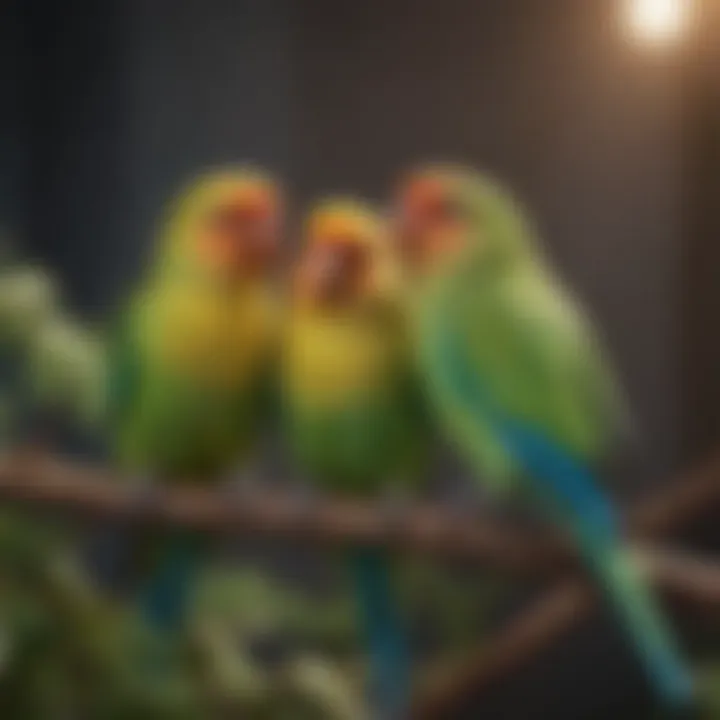 Colorful parakeets perched on a branch