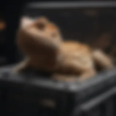 Comfortable Bearded Dragon in Carrier A bearded dragon comfortably secured in a travel carrier