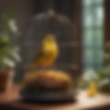 A serene setting featuring a canary singing in its well-decorated cage, emphasizing its need for a cozy habitat.