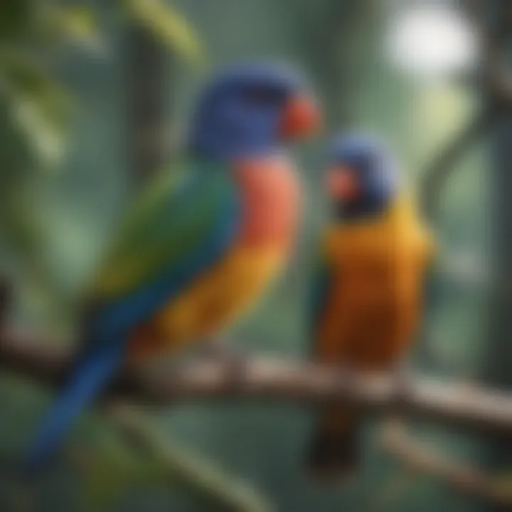 Colorful pet birds perched on a branch