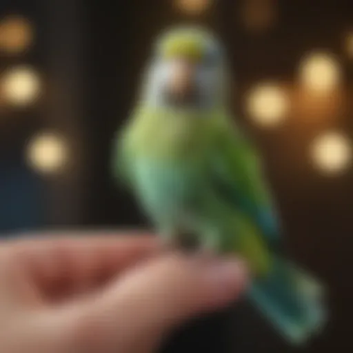 A vibrant parakeet perched on a finger