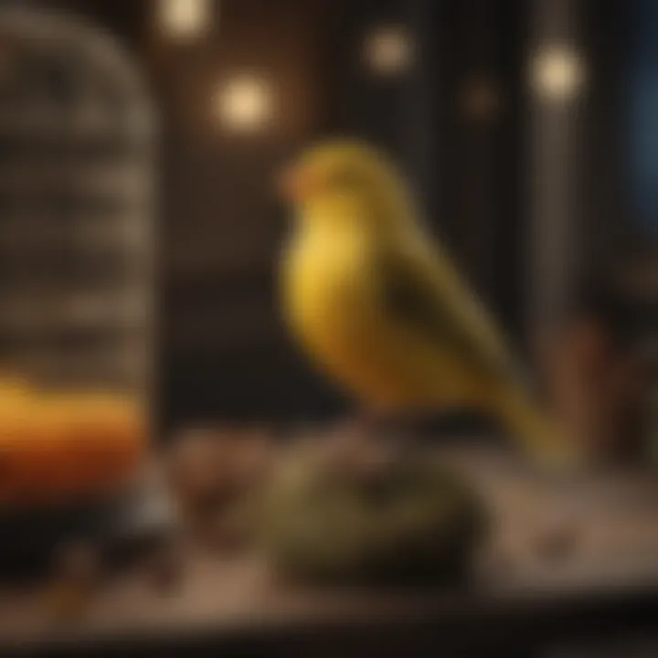 A serene setting with a canary singing in a cage, symbolizing companionship.