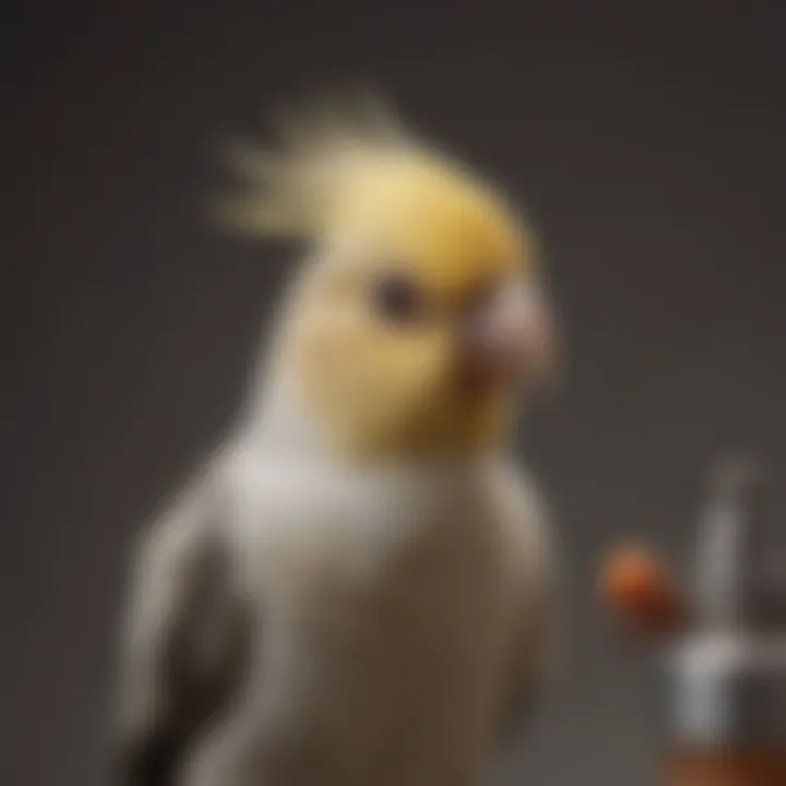 A cockatiel receiving a health check-up, illustrating essential health maintenance.