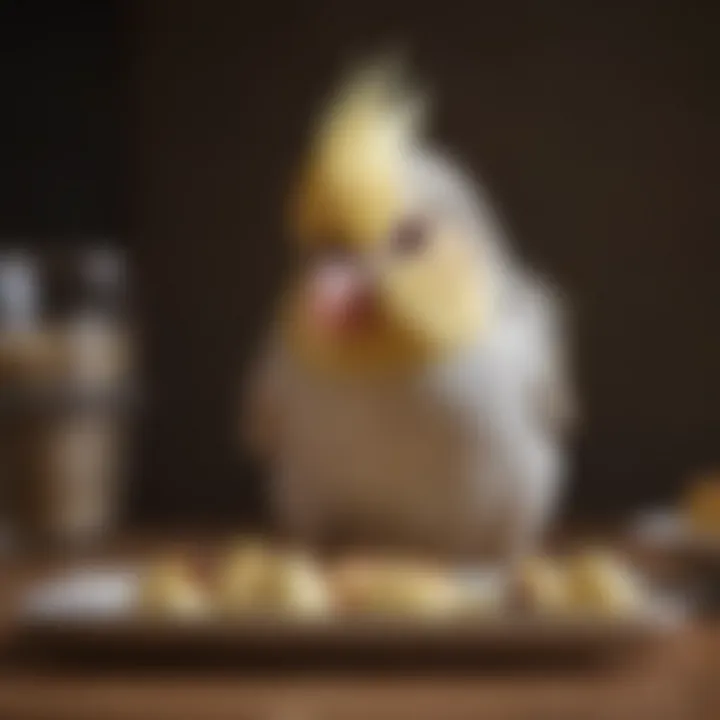 A close-up of a cockatiel enjoying a balanced meal, highlighting proper nutrition.