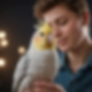 A cockatiel interacting playfully with its owner, emphasizing the importance of socialization.