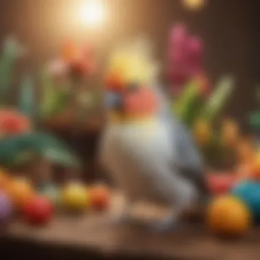 Cockatiel in a Colorful Habitat A vibrant cockatiel perched in a colorful habitat, showcasing their natural curiosity.