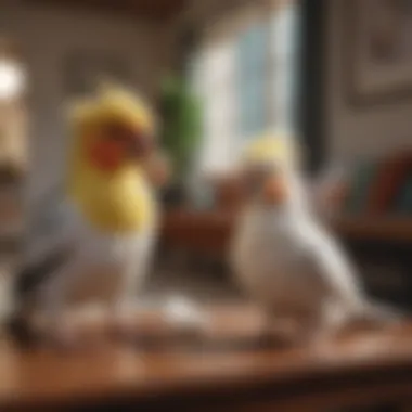 A cozy living room setting with a cockatiel enjoying interaction with its owner.