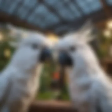 Cockatoo birds interacting in a spacious aviary