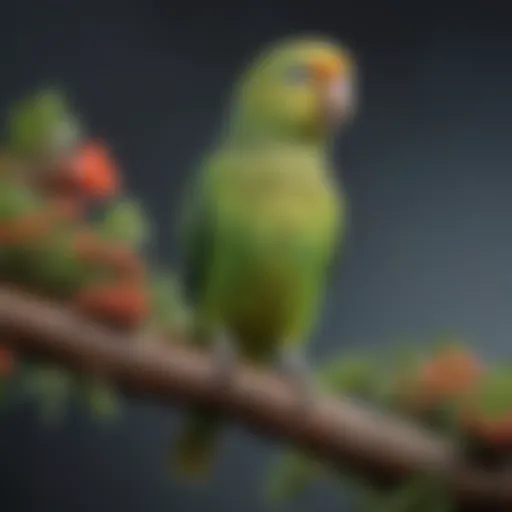 A vibrant parakeet perched on a colorful tree branch